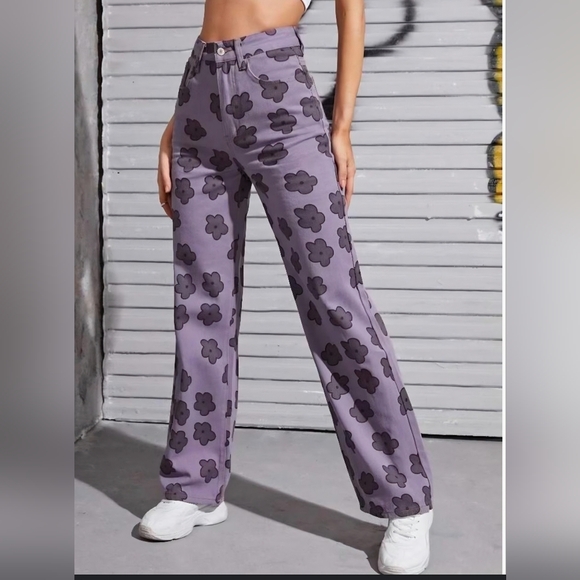 SHEIN Pants - SHEIN Purple Floral Wide Leg Jeans